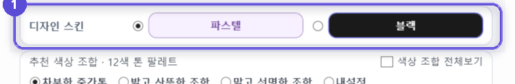 설정 창 맨 위의 디자인 스킨 구역. 파스텔과 블랙 중에서 고른다