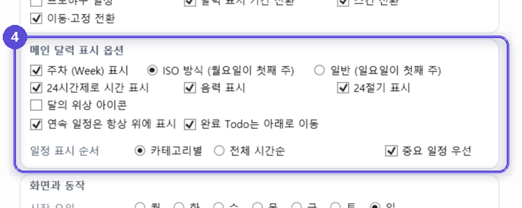 메인 달력 표시 옵션 구역