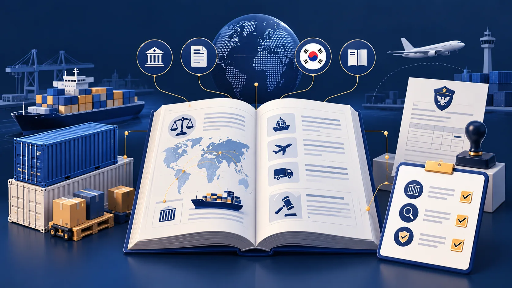 규정 핸드북, 컨테이너, 체크리스트로 표현한 Logistics Library 일러스트